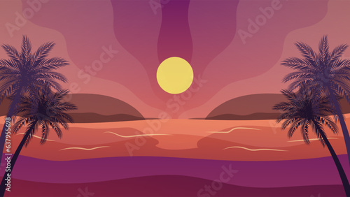 Vector of Silhouette coconut palm trees on beach at sunset. 