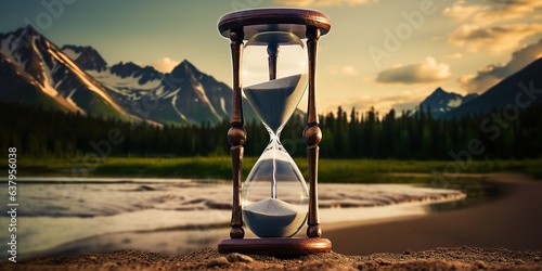 AI Generated. AI Generative. Time watch hourglass sandglass outdoor nature adventure vacation background landscape. Graphic Art