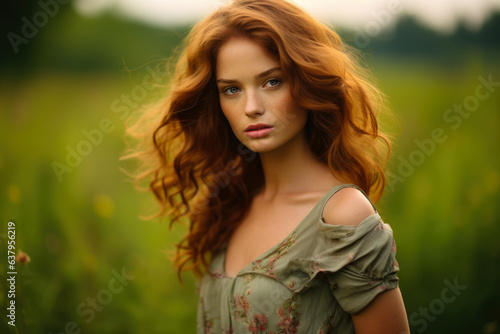 A Serene Portrait: Mesmerizing Redhead with Long Red Hair in a Dreamlike Meadow of Lush Green Grass and Vibrant Flowers