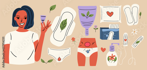 A set of feminine hygiene products. Tampons, panty liners, menstrual cup, underpants. Vector illustration in flat style