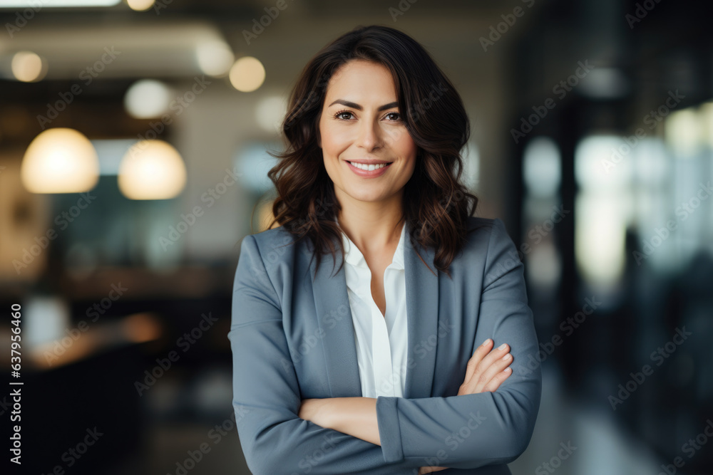 A Confident and Ambitious Brown-Haired Businesswoman, Leading with a Smile and Crossed Arms, in a Contemporary Office Workspace with a Blurry Background A Confident and Ambitious Brown-Haired Businesswoman, Leading with a Smile and Crossed Arms, in a Contemporary Office Workspace with a Blurry Background