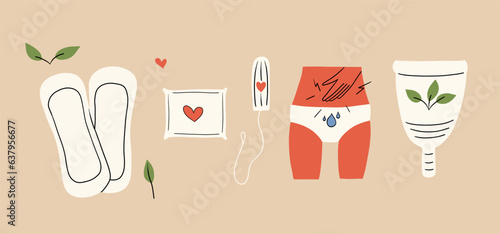 A set of feminine hygiene products. Tampons, panty liners, menstrual cup. Vector illustration in flat style