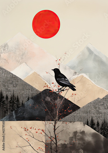 Minimalistic collage of a bird on the tree andmountains at the background. Dark trees and red sun at the background. Surreal collage-style paintings photo