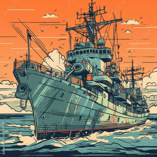 Fotografia Illustration of a battleship sailing on the high seas