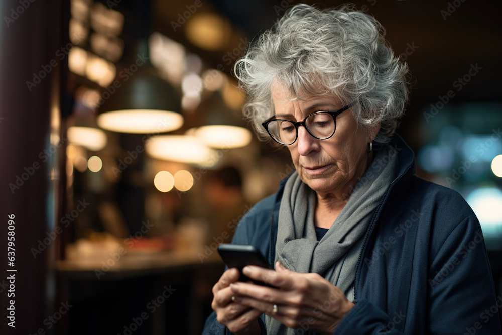 Older woman operating a smart phone in the street. Concept of technology and old age, digital divide. Older woman operating a smart phone in the street. Concept of technology and old age, digital divide.