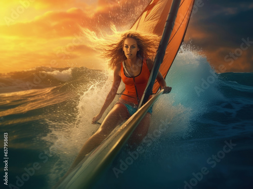 Girl on a windsurfing board surfing through the waves