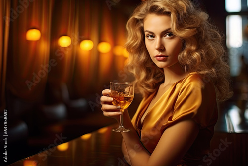 Portrait of young cheerful gorgeous woman wearing orange dress, raising hand titivating long fair hair, sitting at table in restaurant cafe bar, holding glass with red cocktail. Celebration, party.