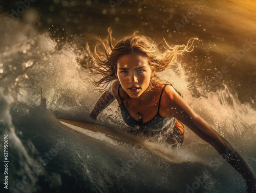 Girl on a windsurfing board surfing through the waves © Artemiy