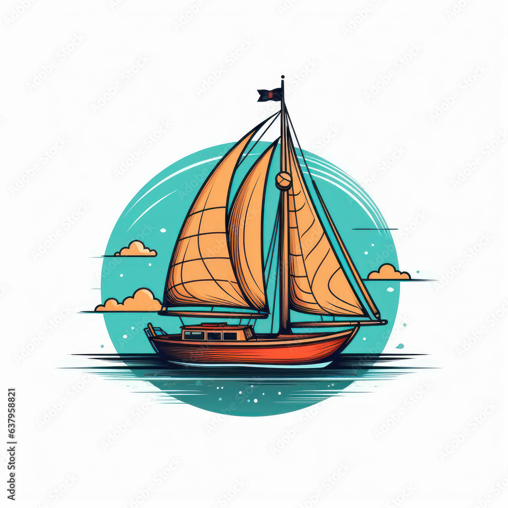 Obraz premium Illustration of a small sailboat sailing on the high seas. Generative AI.