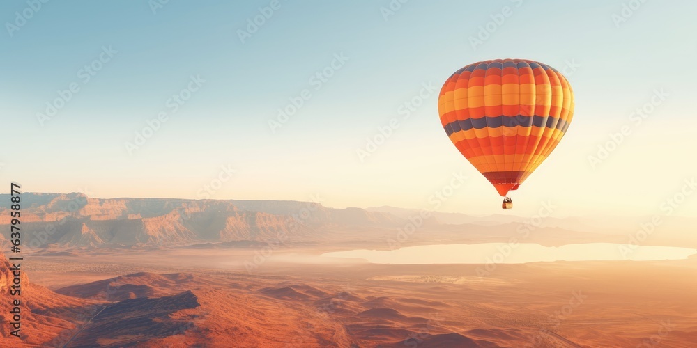 Obraz premium Hot air balloon floats peacefully over a serene landscape. Generative AI
