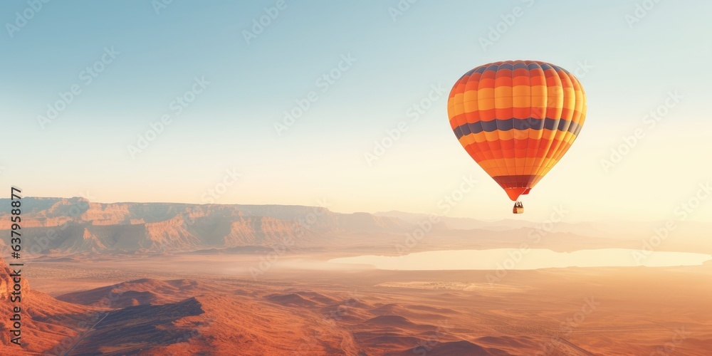 Hot air balloon floats peacefully over a serene landscape. Generative AI