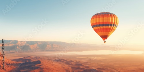 Hot air balloon floats peacefully over a serene landscape. Generative AI © piai