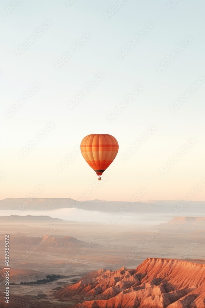 Hot air balloon floats peacefully over a serene landscape. Generative AI