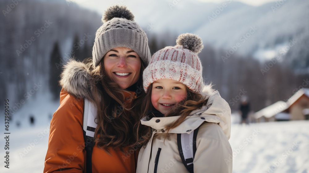 Fototapeta premium Mother with daughter smiling and wearing beanies and coast standing at a ski resort in winter clothes view of mountains and forest and snow in the background winter snow Christmas season