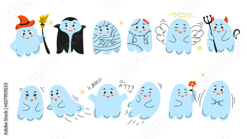 set of cute ghosts, doodle halloween, ghost, cute ghost, doodle ghost, halloween ghost