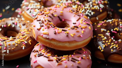 Several donuts with interesting toppings are arranged and displayed. Most of them are pink and uniform in size.