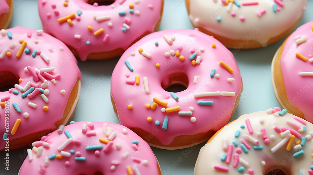 Several donuts with interesting toppings are arranged and displayed. Most of them are pink and uniform in size. Several donuts with interesting toppings are arranged and displayed. Most of them are pink and uniform in size.