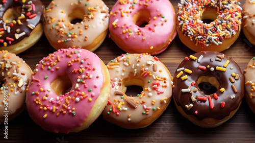 Several donuts with interesting toppings are arranged and displayed. Most of them are pink and uniform in size.
