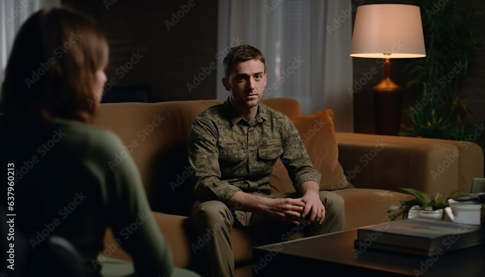 Young american veteran with mental health problems visiting physician Young american veteran with mental health problems visiting physician