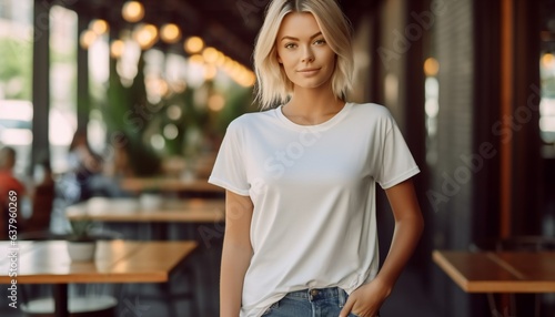 Young blonde woman wearing Bella Canvas white t-shirt mock up photo