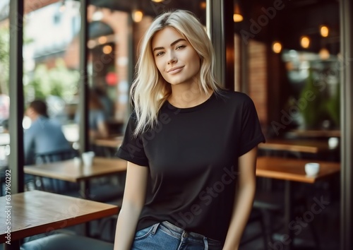 Young blonde woman wearing Bella Canvas black t-shirt mock up photo
