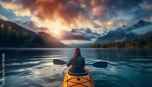 Young woman kayaking in crystal lake background Alps mountains