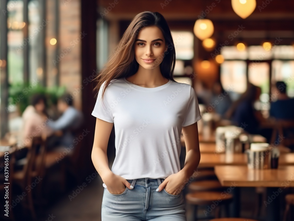 Young woman wearing Bella Canvas white t-shirt and jeans