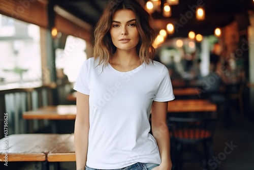 Young woman wearing Bella Canvas white t-shirt and jeans photo