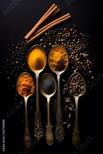 Spoons with spices and herbs. Minimal composition. Dark background. photo