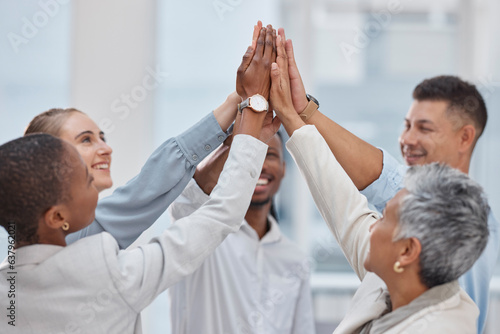 High five, group circle or business people celebrate collaboration, synergy or corporate deal, success or achievement. Excited, trust or diversity staff solidarity, team building and teamwork support