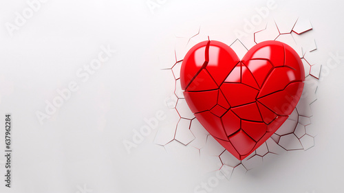 Red broken heart on white background with copy space