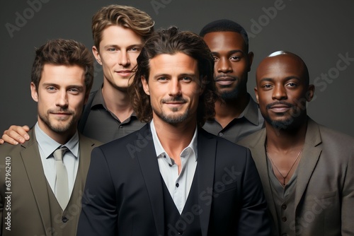 group men of different races smiles on studio background