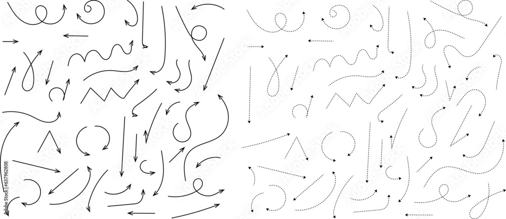 Hand drawn dotted arrows. Hand drawn freehand different curved lines, swirls arrows. Curved arrow line. Doodle, sketch style. Isolated Vector illustration. Hand drawn dotted arrows. Hand drawn freehand different curved lines, swirls arrows. Curved arrow line. Doodle, sketch style. Isolated Vector illustration.