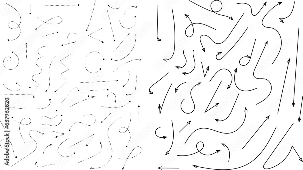 Hand drawn dotted arrows. Hand drawn freehand different curved lines, swirls arrows. Curved arrow line. Doodle, sketch style. Isolated Vector illustration.