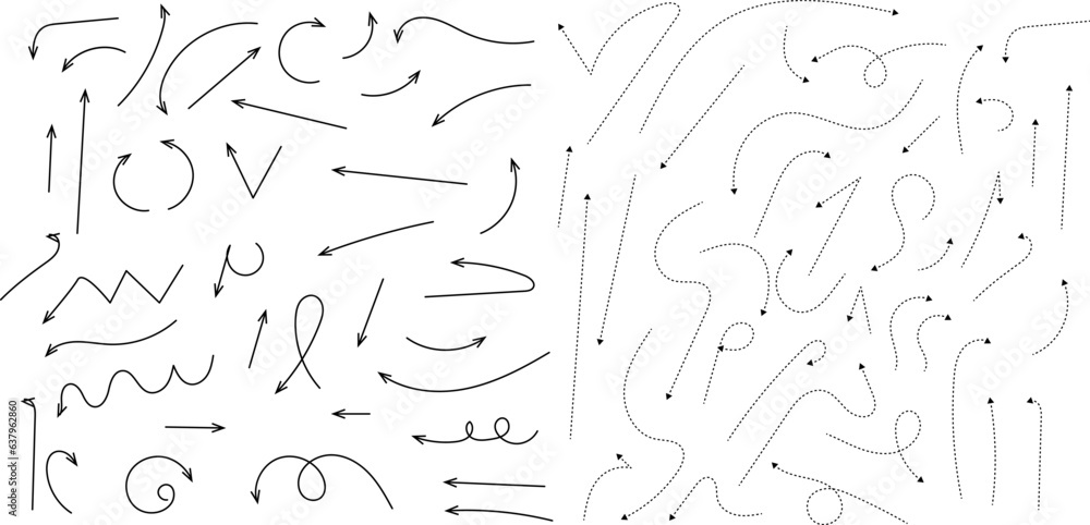 Hand drawn dotted arrows. Hand drawn freehand different curved lines, swirls arrows. Curved arrow line. Doodle, sketch style. Isolated Vector illustration.