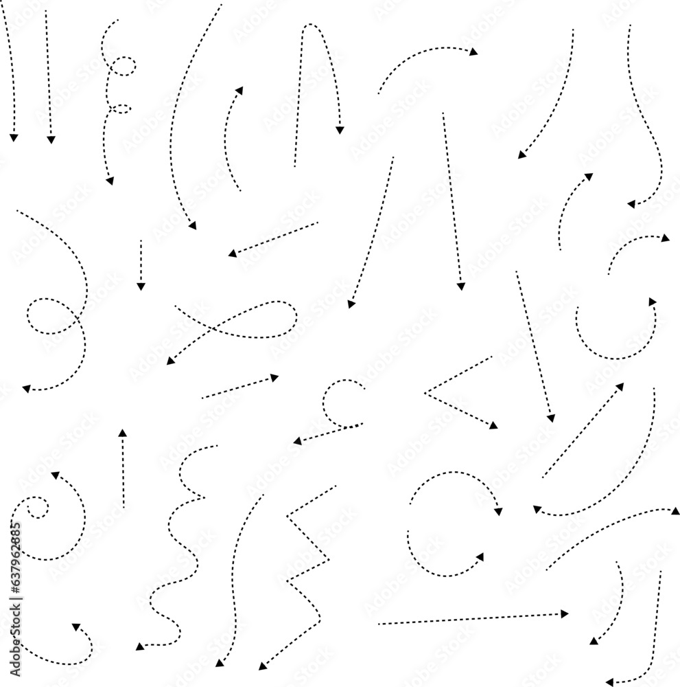 Hand drawn dotted arrows. Hand drawn freehand different curved lines, swirls arrows. Curved arrow line. Doodle, sketch style. Isolated Vector illustration. Hand drawn dotted arrows. Hand drawn freehand different curved lines, swirls arrows. Curved arrow line. Doodle, sketch style. Isolated Vector illustration.