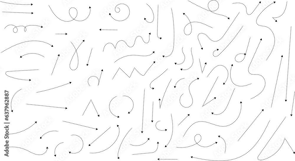 Hand drawn dotted arrows. Hand drawn freehand different curved lines, swirls arrows. Curved arrow line. Doodle, sketch style. Isolated Vector illustration.