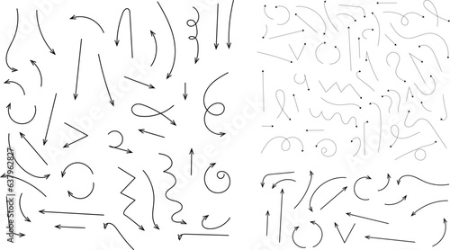 Hand drawn dotted arrows. Hand drawn freehand different curved lines, swirls arrows. Curved arrow line. Doodle, sketch style. Isolated Vector illustration.