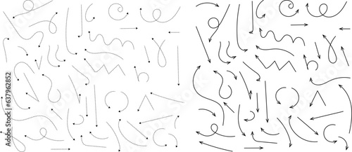Hand drawn dotted arrows. Hand drawn freehand different curved lines, swirls arrows. Curved arrow line. Doodle, sketch style. Isolated Vector illustration.