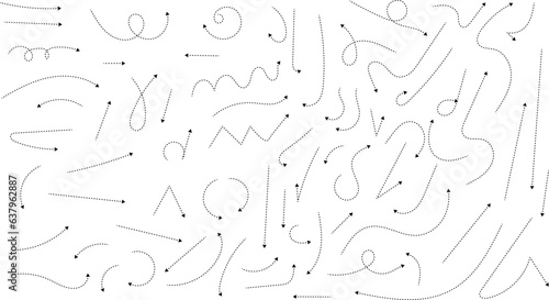 Hand drawn dotted arrows. Hand drawn freehand different curved lines, swirls arrows. Curved arrow line. Doodle, sketch style. Isolated Vector illustration.