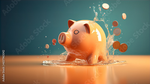 Piggy-bank bathing in money. Generative AI.