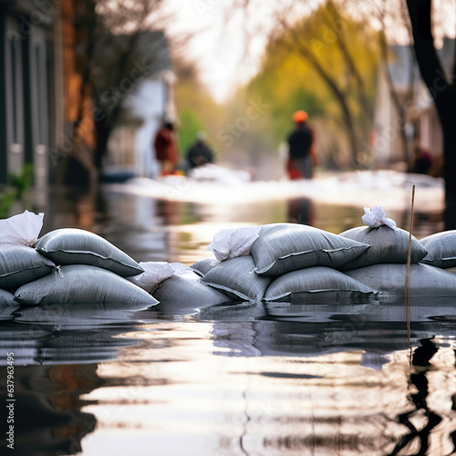 Flood Protection Sandbags with flooded homes