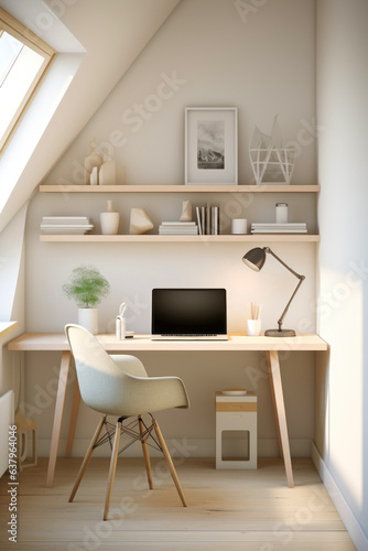 Small Home office, Minimalist oasis, sleek lines, Nordic charm, monochrome palette, ample natural light, Scandinavian style.  © piai