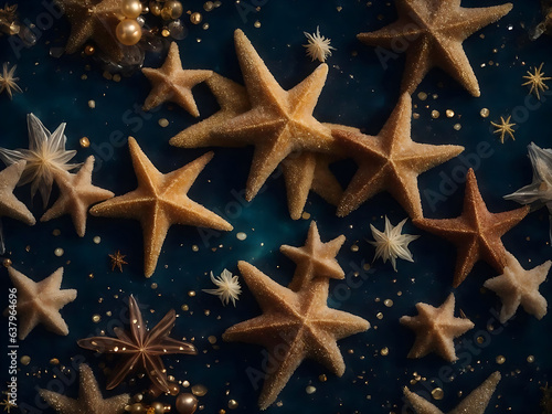 Starfish on a dark blue background with gold decorations