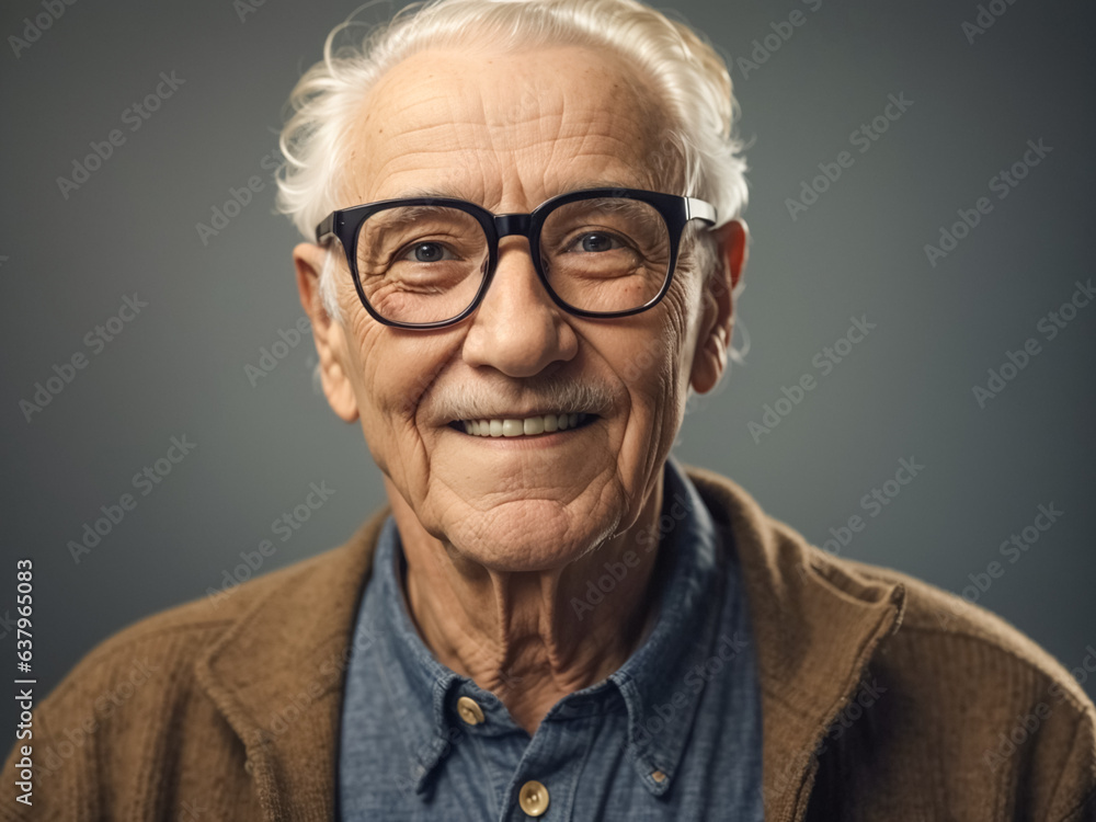 Elderly positive gray-haired man in glasses smiles
