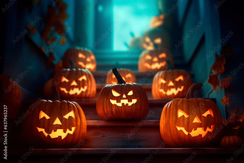 Fototapeta premium Halloween orange carved jack lantern pumpkins and decorations at outdoor night