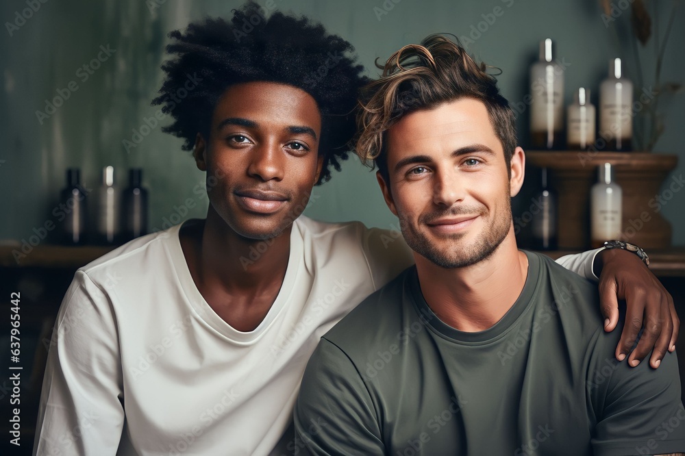 group Handsome men of different races with skin care smiles on studio background group Handsome men of different races with skin care smiles on studio background