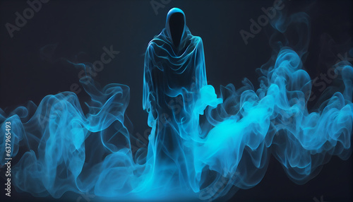 Fantasy neon ghost in blue smoke on a black background. 3d rendering, halloween concept, Ai generated image