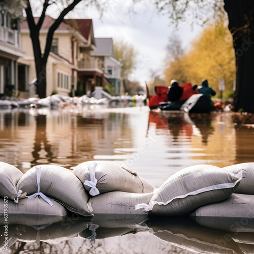 Flood Protection Sandbags with flooded homes