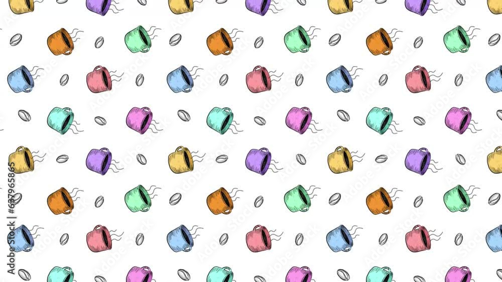 4K animated hot coffee cup and coffee beans vertical motion pattern Steaming coffee cups Vector vintage hand drawing style repeatable background Can be used for cafe advertising designs or menu design 4K animated hot coffee cup and coffee beans vertical motion pattern Steaming coffee cups Vector vintage hand drawing style repeatable background Can be used for cafe advertising designs or menu design